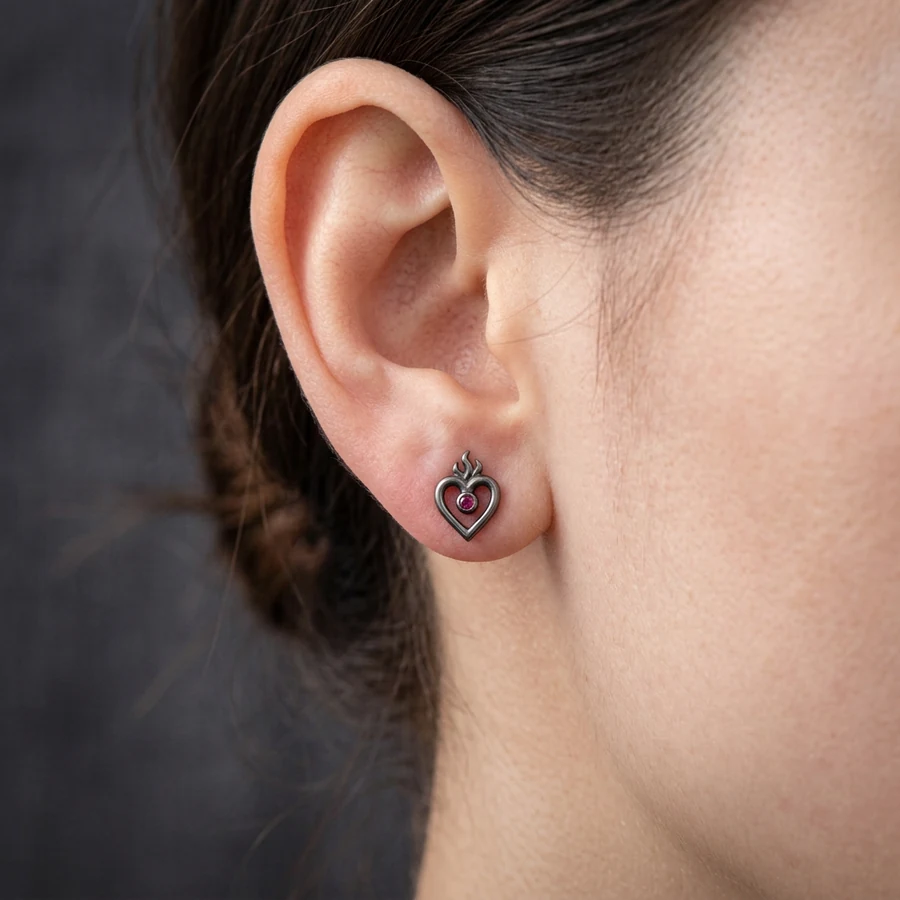 Ardent — Flaming Heart Stud Earrings with Lab-Created Ruby, view 2
