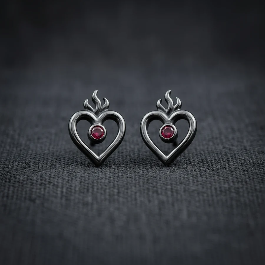 Ardent — Flaming Heart Stud Earrings with Lab-Created Ruby, view 3