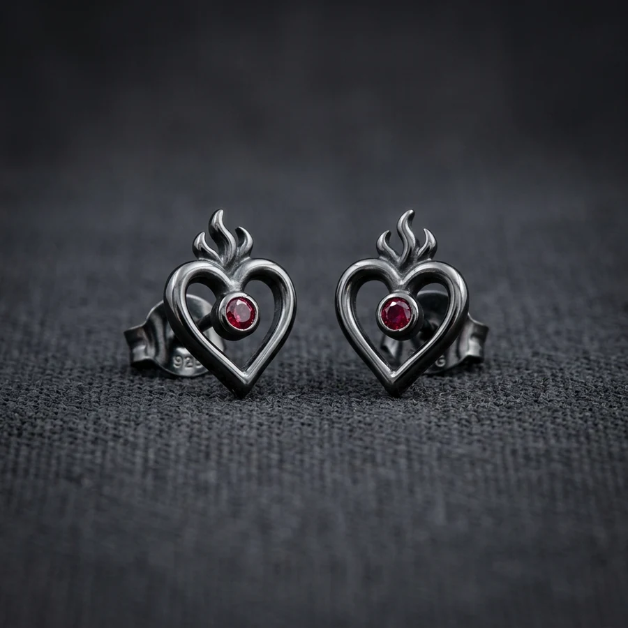 Ardent — Flaming Heart Stud Earrings with Lab-Created Ruby, view 1
