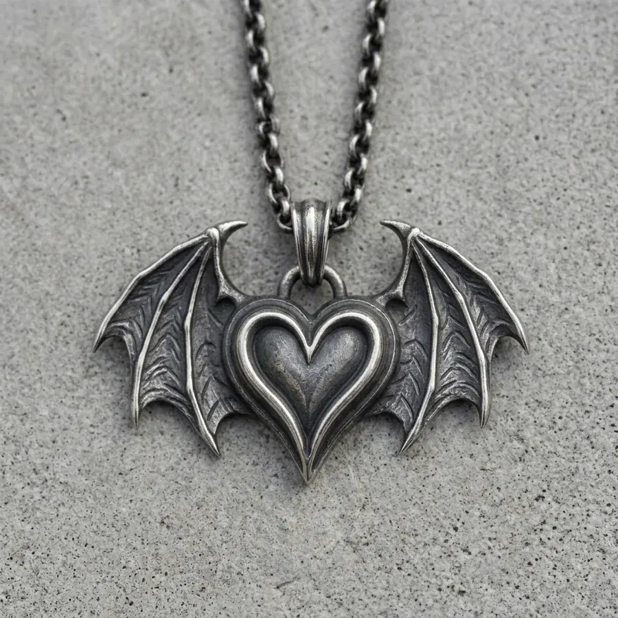 Smitten — Bat Wing Heart Necklace in Sterling Silver