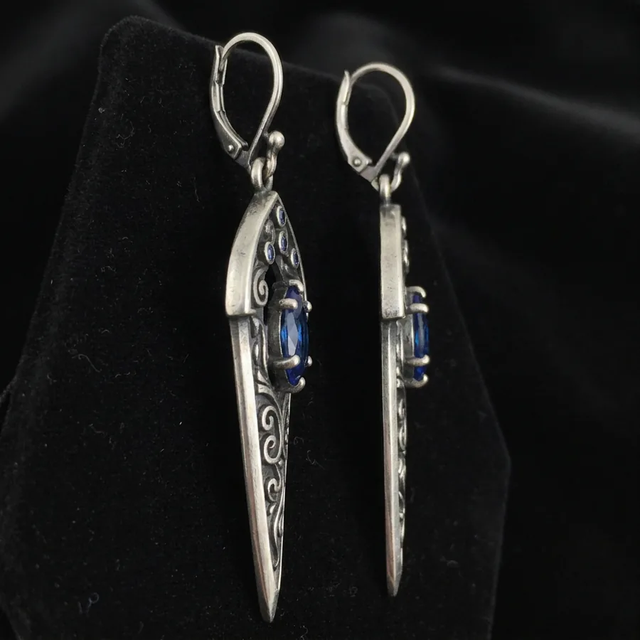 Poniard — Gothic Dagger Earrings, Oxidized Silver Blades with Lab-Created Blue Stone, view 2