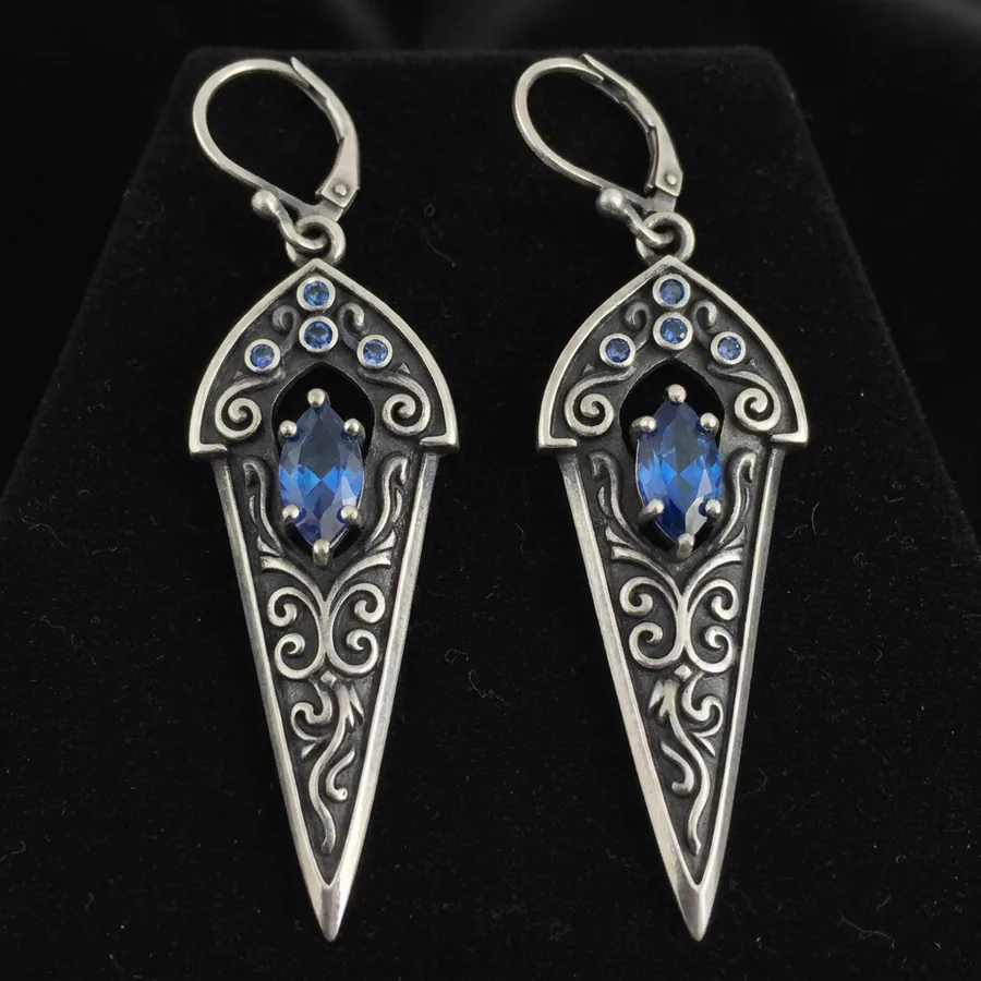 Poniard — Gothic Dagger Earrings, Oxidized Silver Blades with Lab-Created Blue Stone, view 3