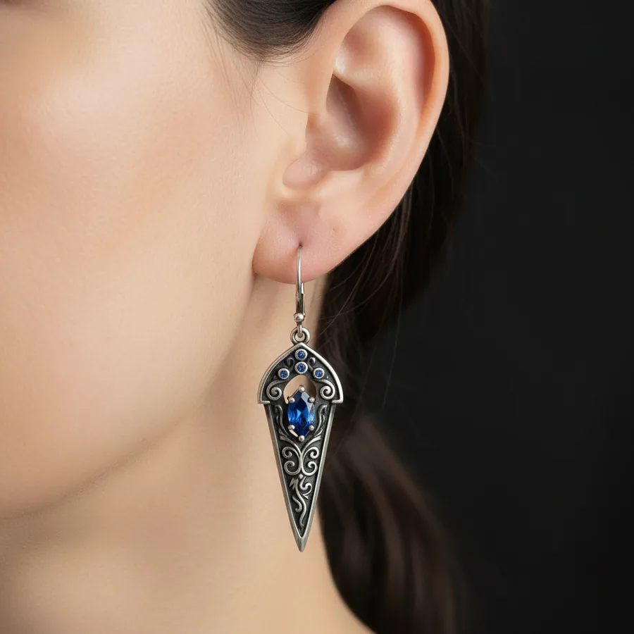 Poniard — Gothic Dagger Earrings, Oxidized Silver Blades with Lab-Created Blue Stone, view 4