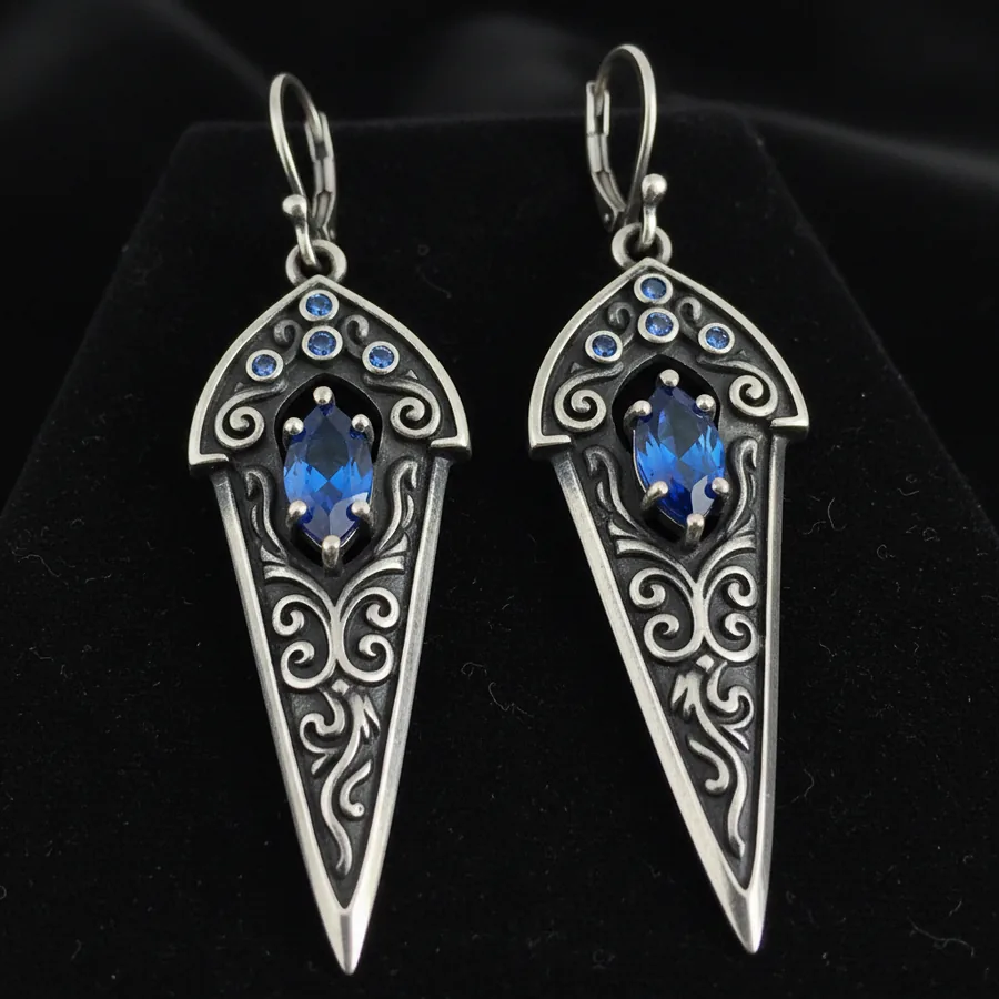 Poniard — Gothic Dagger Earrings, Oxidized Silver Blades with Lab-Created Blue Stone, view 1