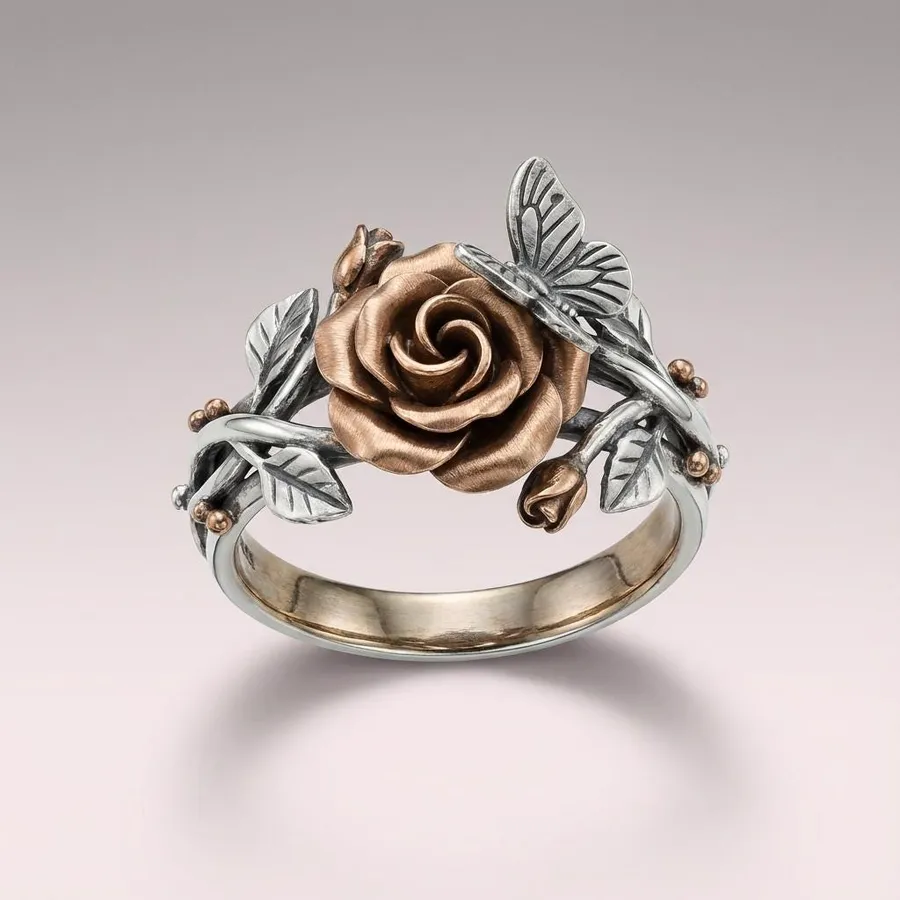 Metamorphosis — Butterfly Rose Ring in Two-Tone Gilded Sterling Silver