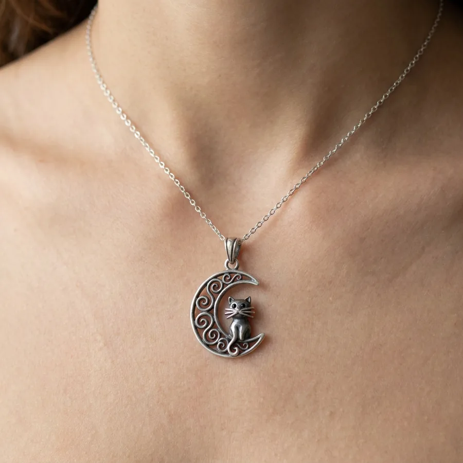 Grimalkin — Cat on the Moon Necklace, Filigree Crescent with Lab-Created Black Stone Eyes, view 2