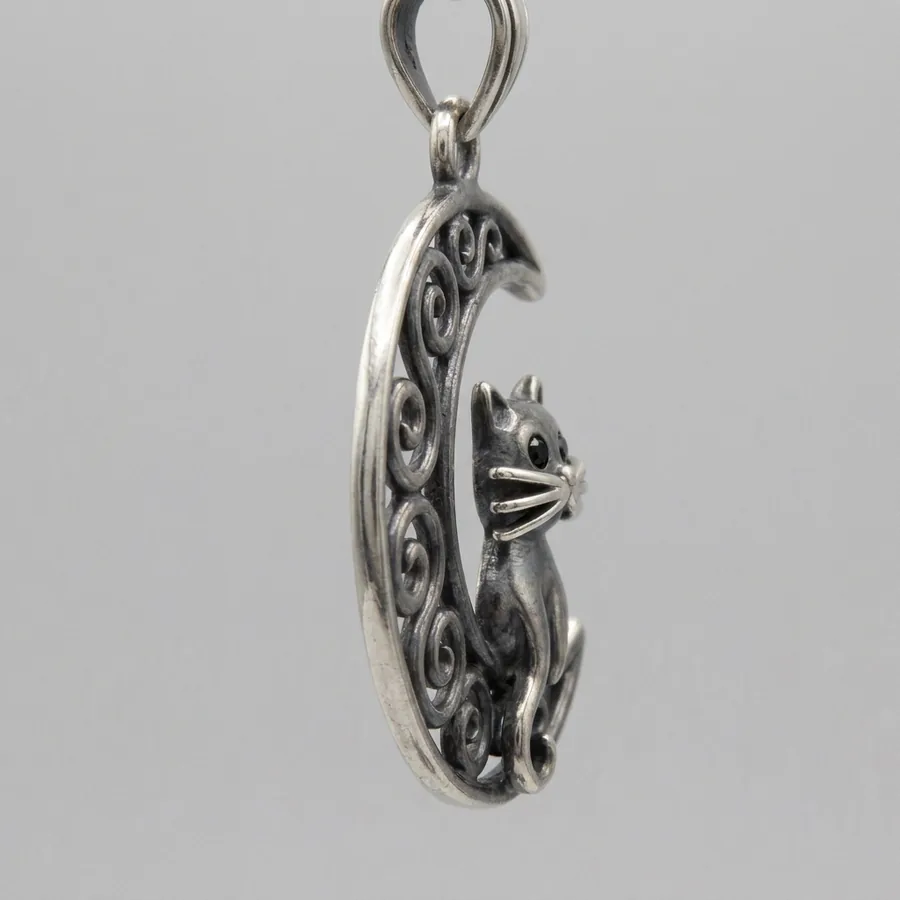 Grimalkin — Cat on the Moon Necklace, Filigree Crescent with Lab-Created Black Stone Eyes, view 3