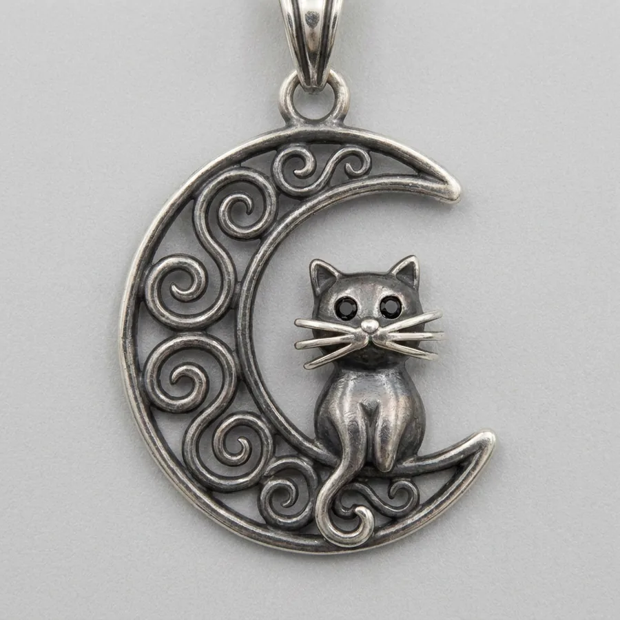 Grimalkin — Cat on the Moon Necklace, Filigree Crescent with Lab-Created Black Stone Eyes, view 4