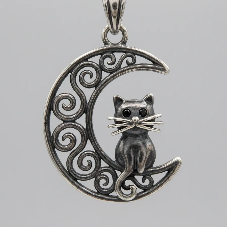 Grimalkin — Cat on the Moon Necklace, Filigree Crescent with Lab-Created Black Stone Eyes, view 1