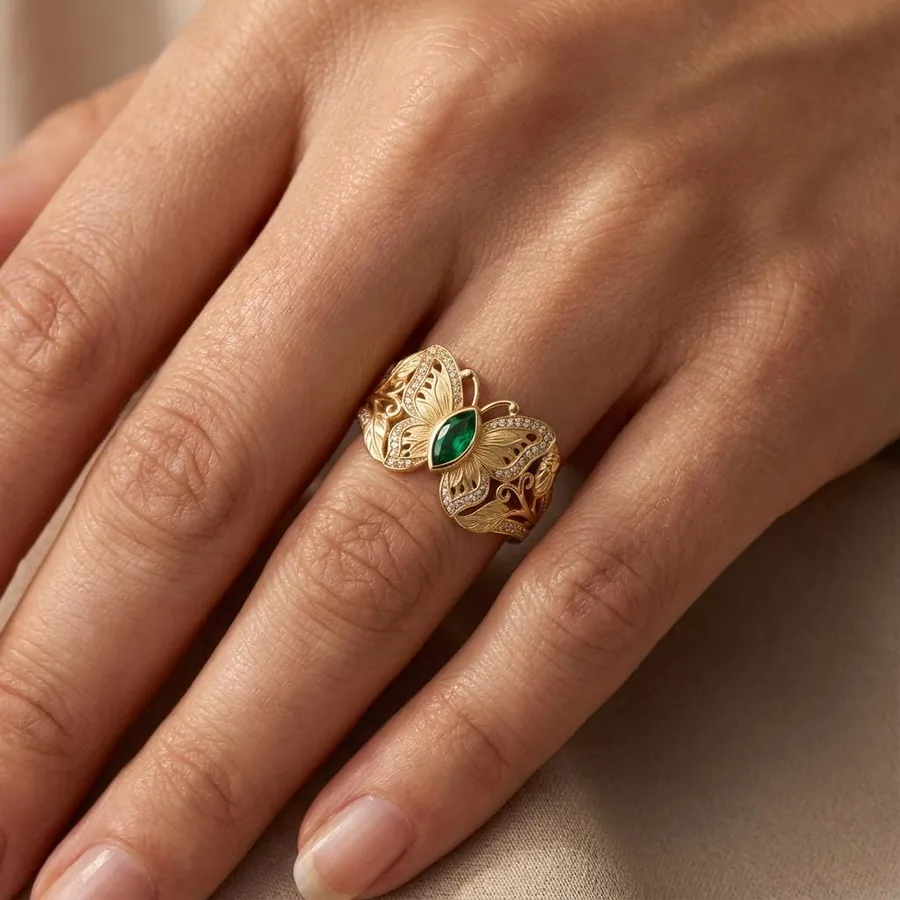 Chrysalis — Gold Butterfly Ring with Green Marquise Stone, view 2