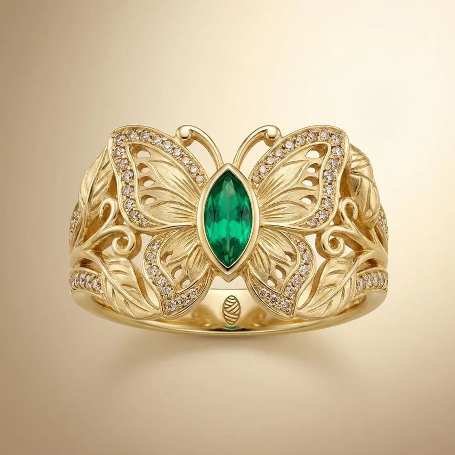 Chrysalis — Gold Butterfly Ring with Green Marquise Stone, view 1