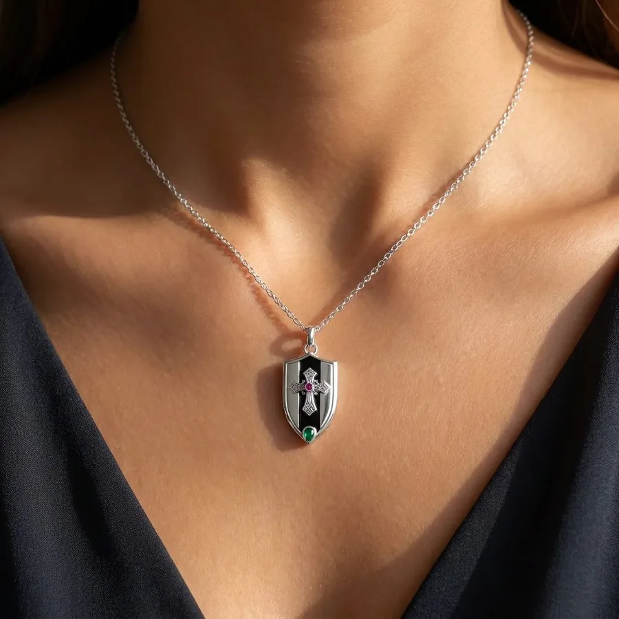 Ward — Gothic Cross Shield Necklace in Sterling Silver, view 4