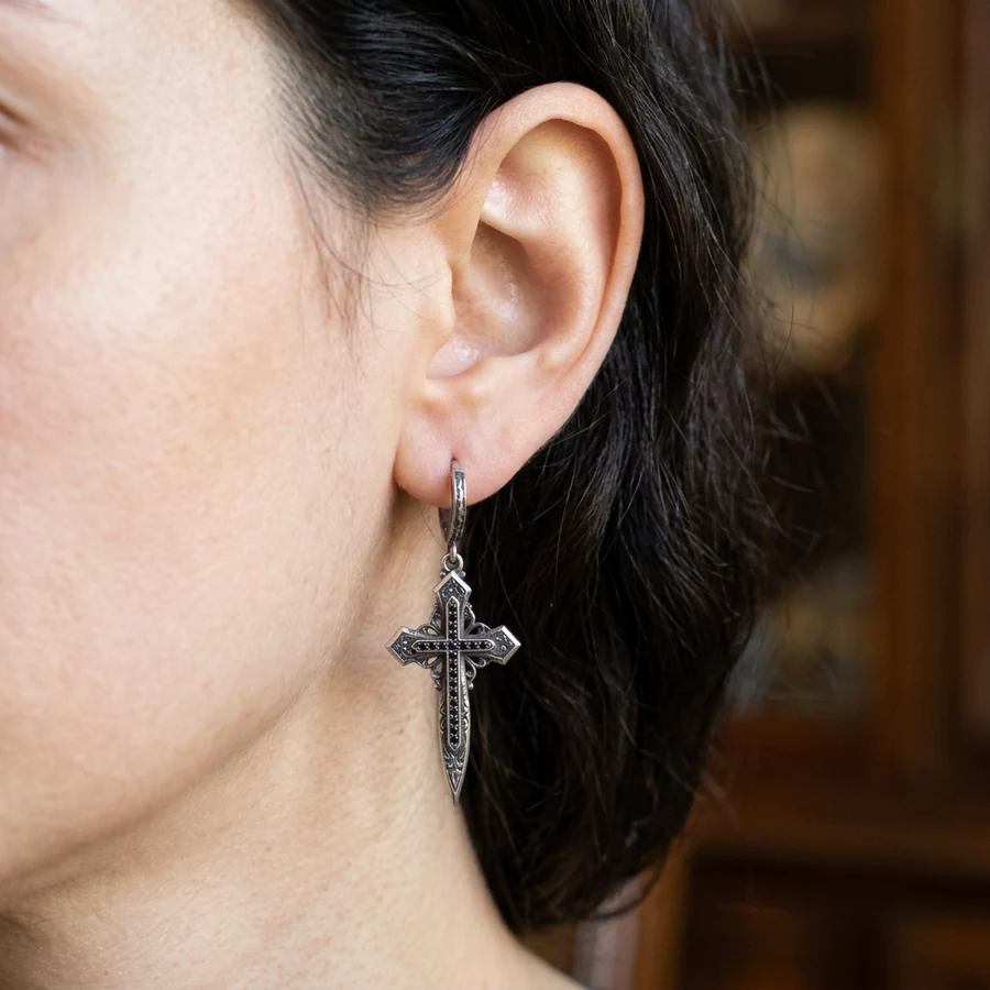Crux — Gothic Cross Dagger Drop Earrings in Sterling Silver, view 2