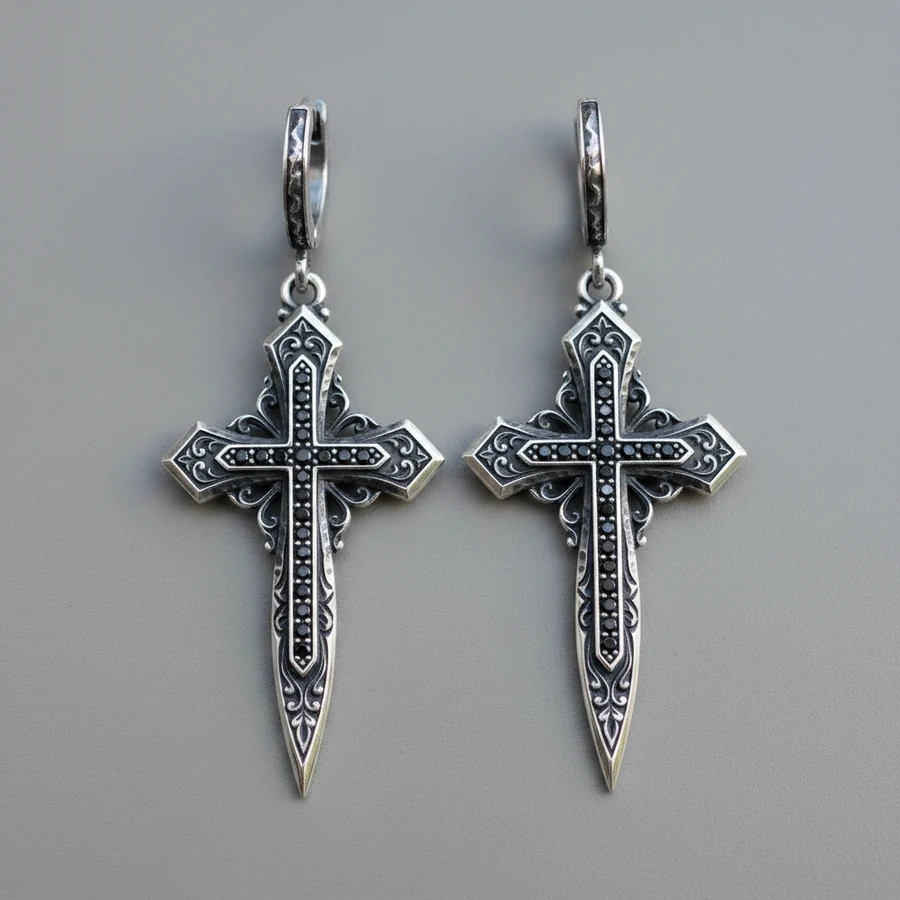 Crux — Gothic Cross Dagger Drop Earrings in Sterling Silver, view 3