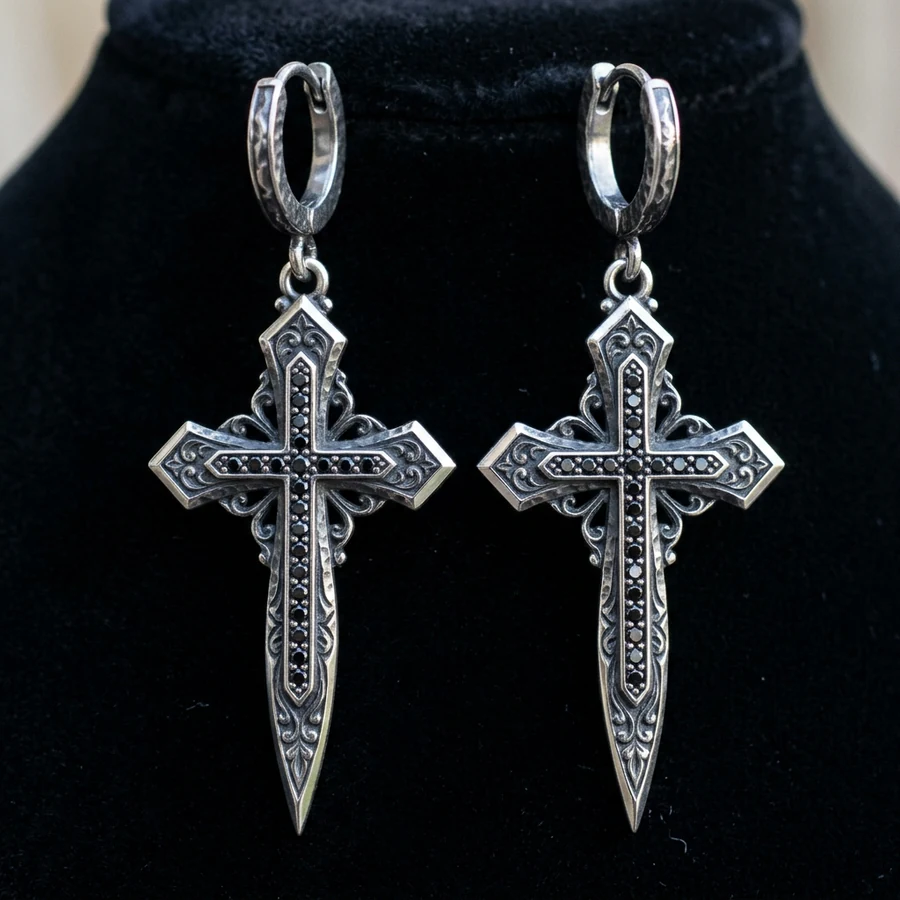 Crux — Gothic Cross Dagger Drop Earrings in Sterling Silver, view 1