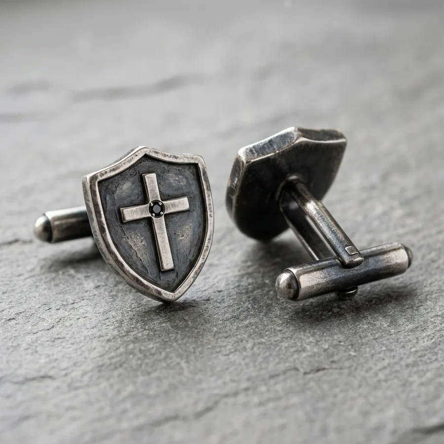 Bastion — Sterling Silver Cross Shield Cufflinks, view 2