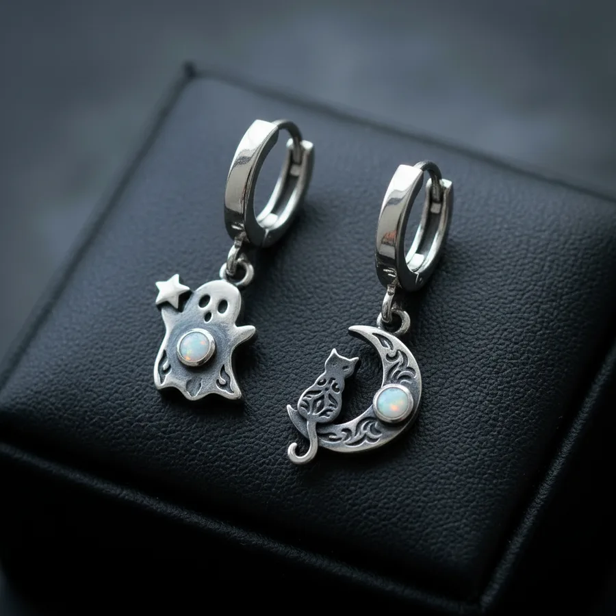 Familiar — Sterling Silver Ghost and Cat Moon Huggie Earrings, view 4
