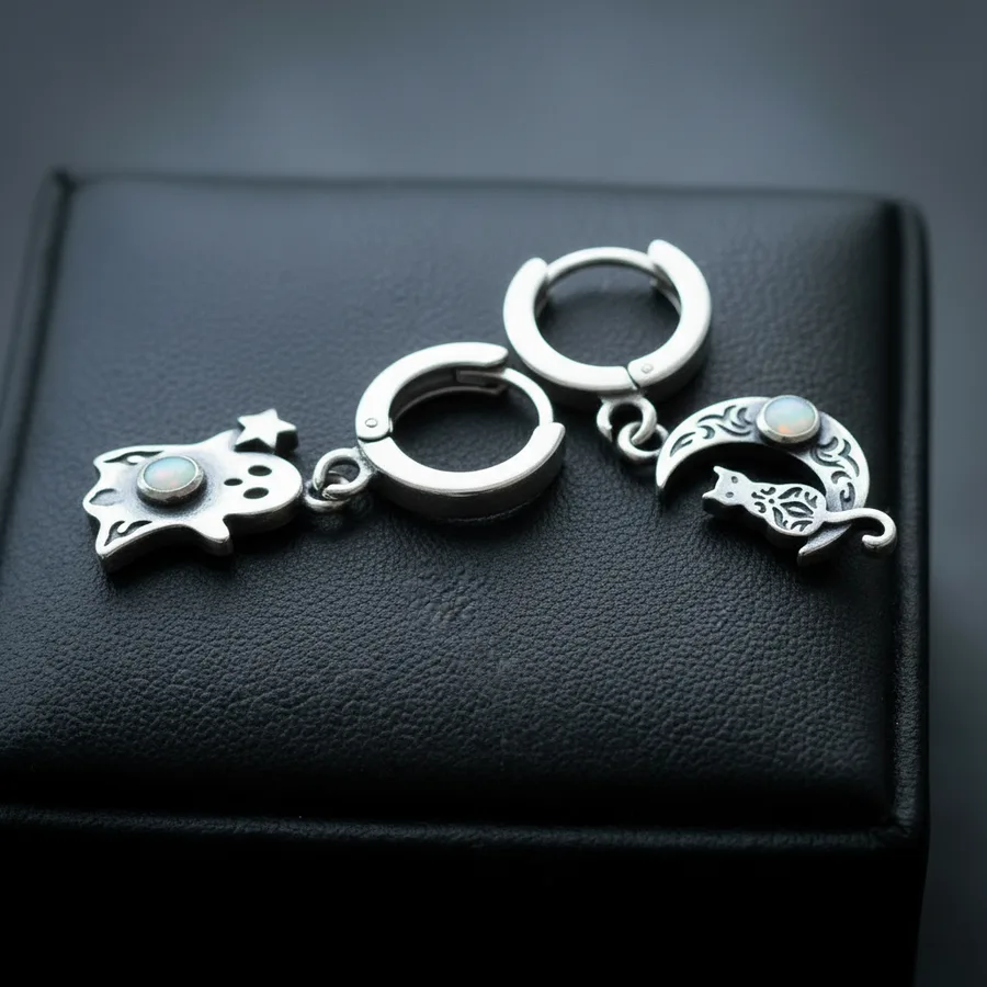 Familiar — Sterling Silver Ghost and Cat Moon Huggie Earrings, view 5