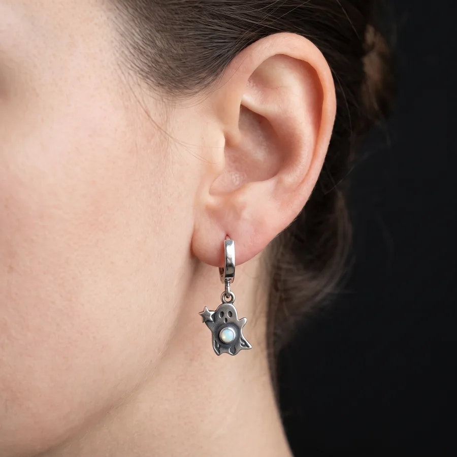 Familiar — Sterling Silver Ghost and Cat Moon Huggie Earrings, view 2