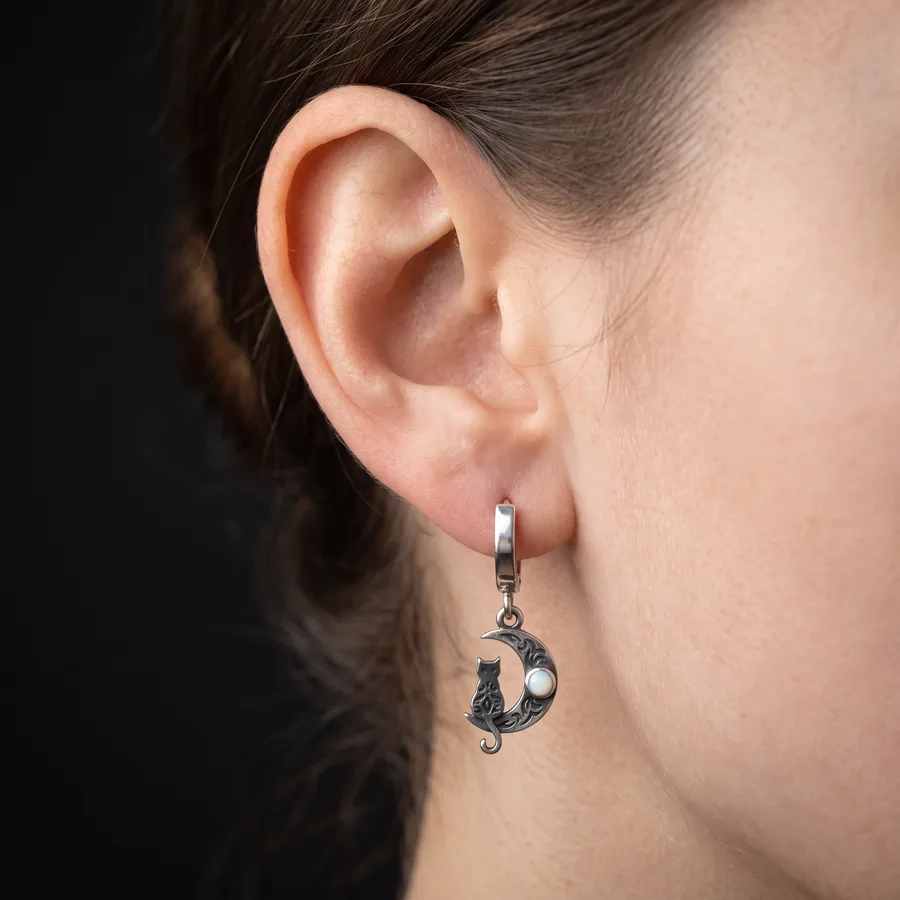 Familiar — Sterling Silver Ghost and Cat Moon Huggie Earrings, view 3