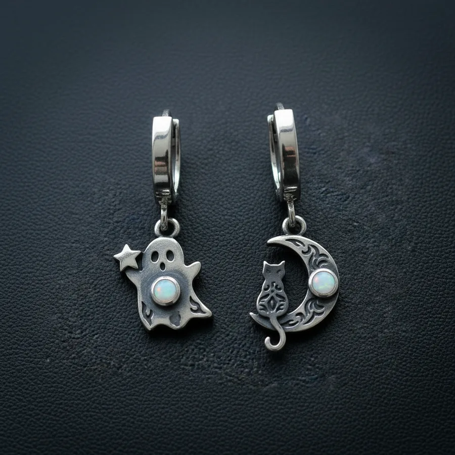 Familiar — Sterling Silver Ghost and Cat Moon Huggie Earrings, view 1