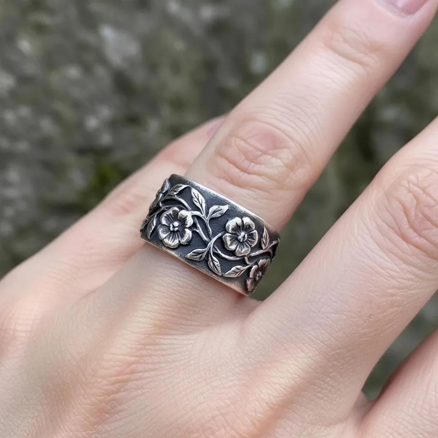Foxglove — Wide Floral Band in Oxidized Sterling Silver, view 2