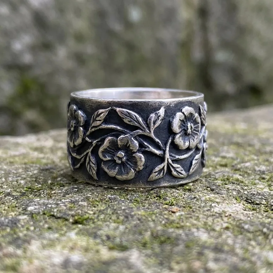 Foxglove — Wide Floral Band in Oxidized Sterling Silver, view 1