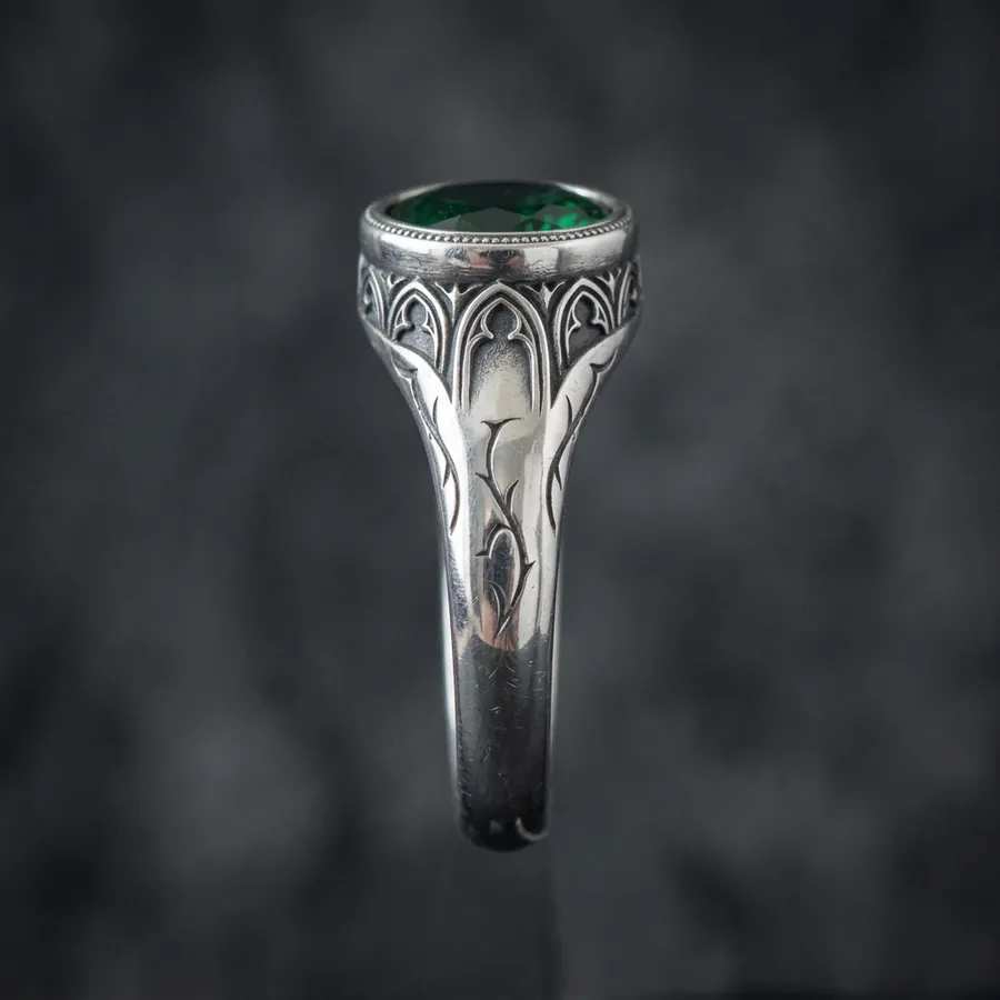 Nightshade — Gothic Lab-Created Green Stone Ring in Sterling Silver, view 2