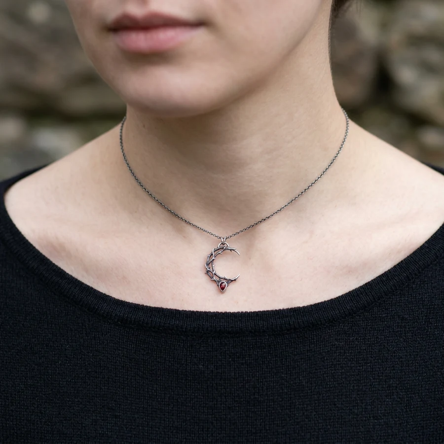 Hecate — Thorn Crescent Moon Necklace with Lab-Created Garnet, view 2
