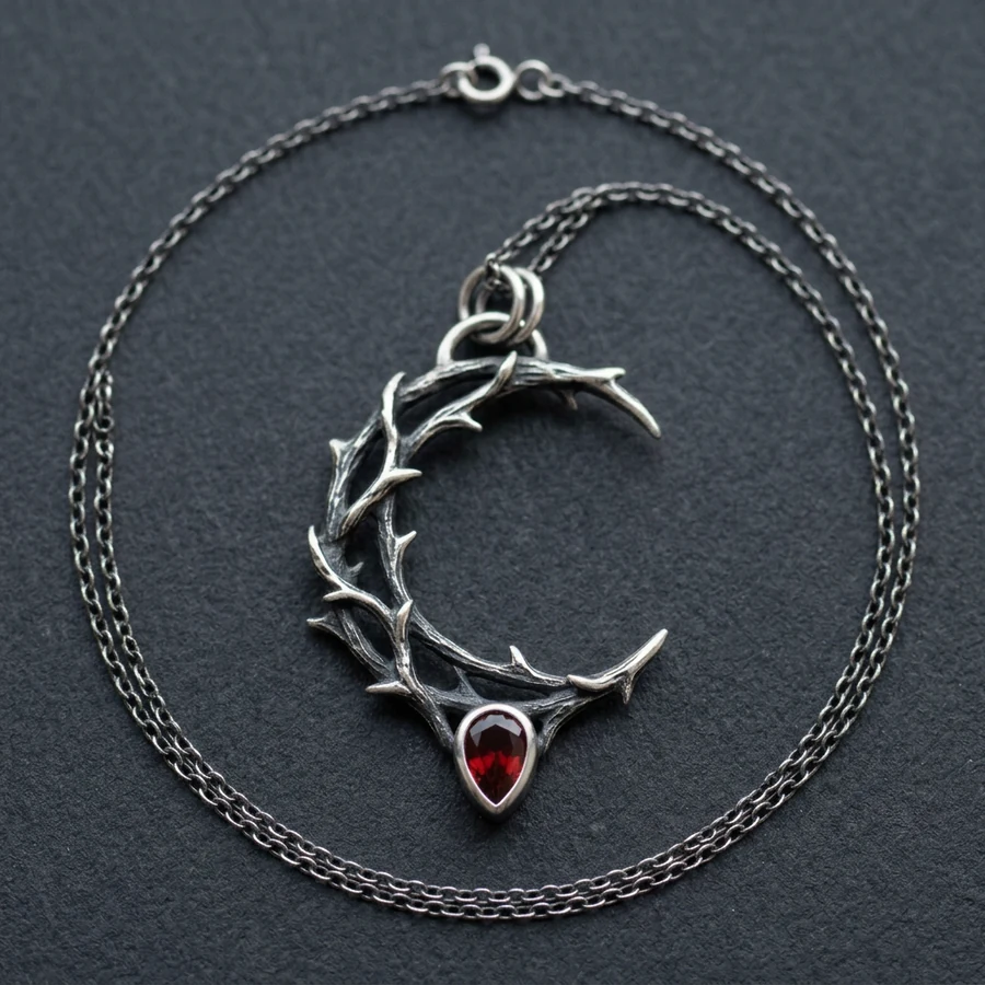 Hecate — Thorn Crescent Moon Necklace with Lab-Created Garnet, view 3