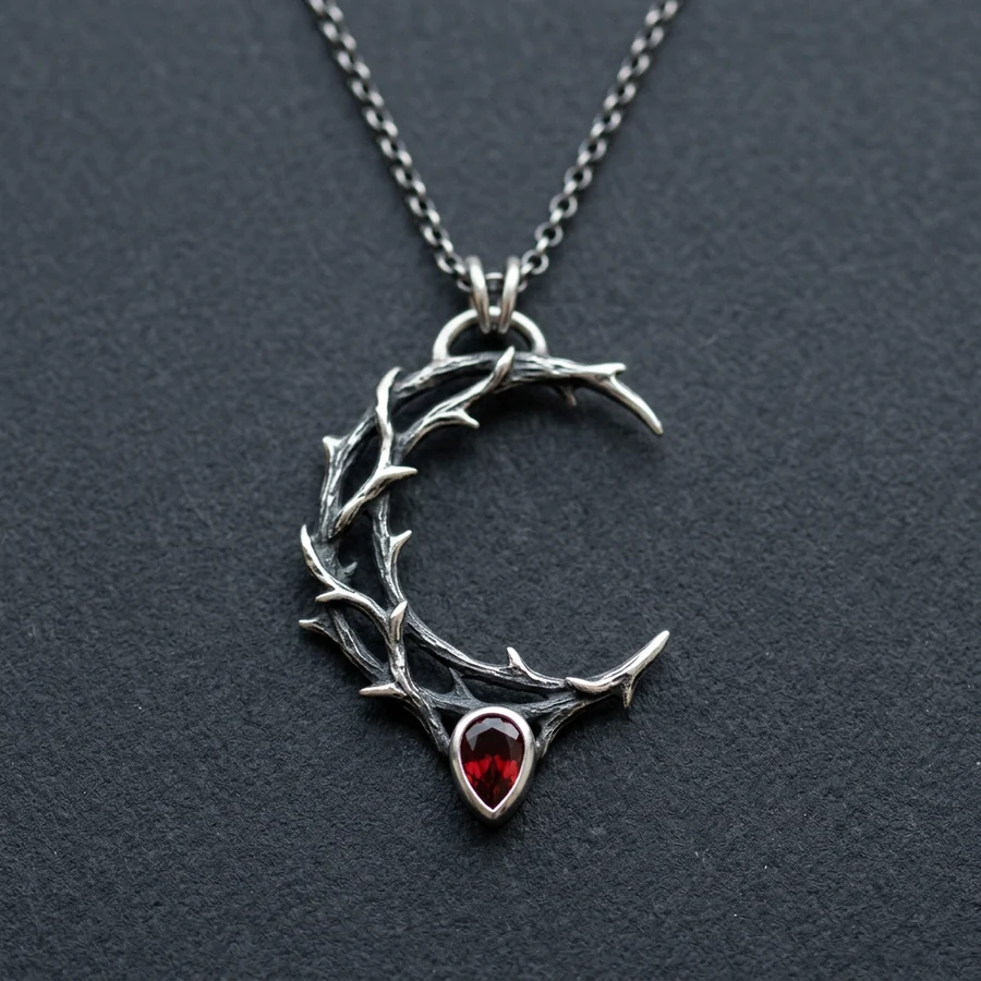 Hecate — Thorn Crescent Moon Necklace with Lab-Created Garnet, view 1