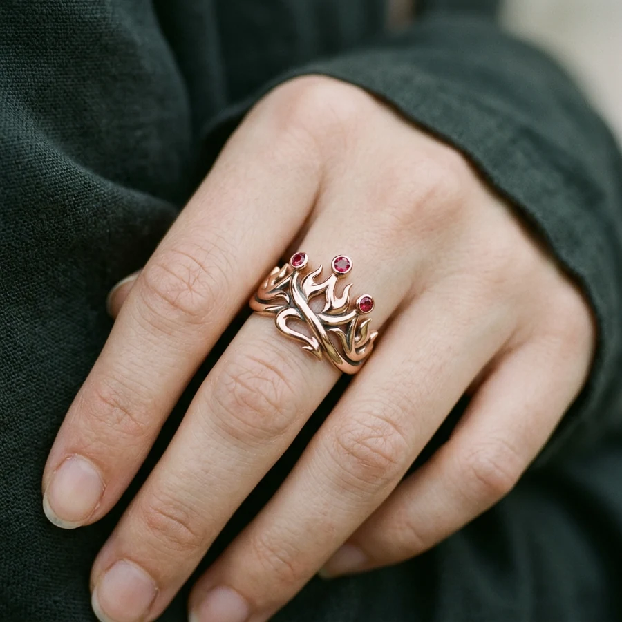 Ignis — Rose-Gold Flame Crown Ring with Lab-Created Ruby, view 2