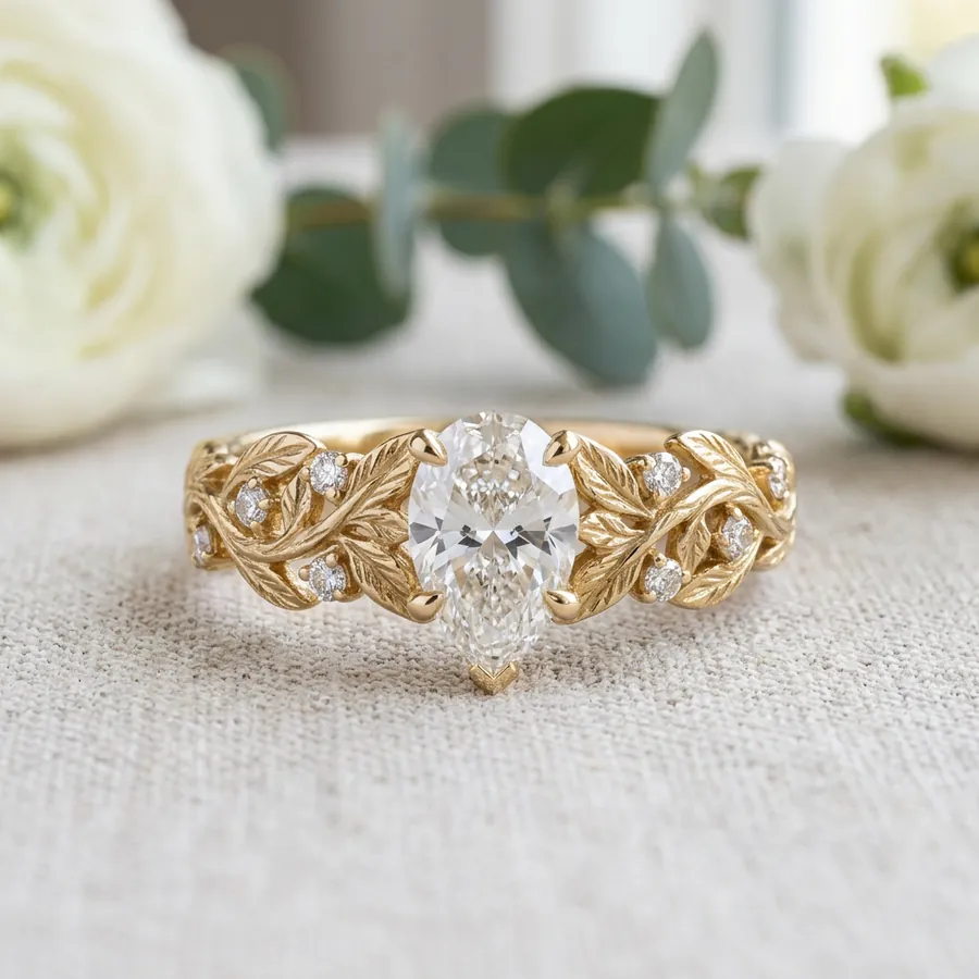 Sylvan — Gold Leaf Engagement Ring with Lab-Created White Sapphire