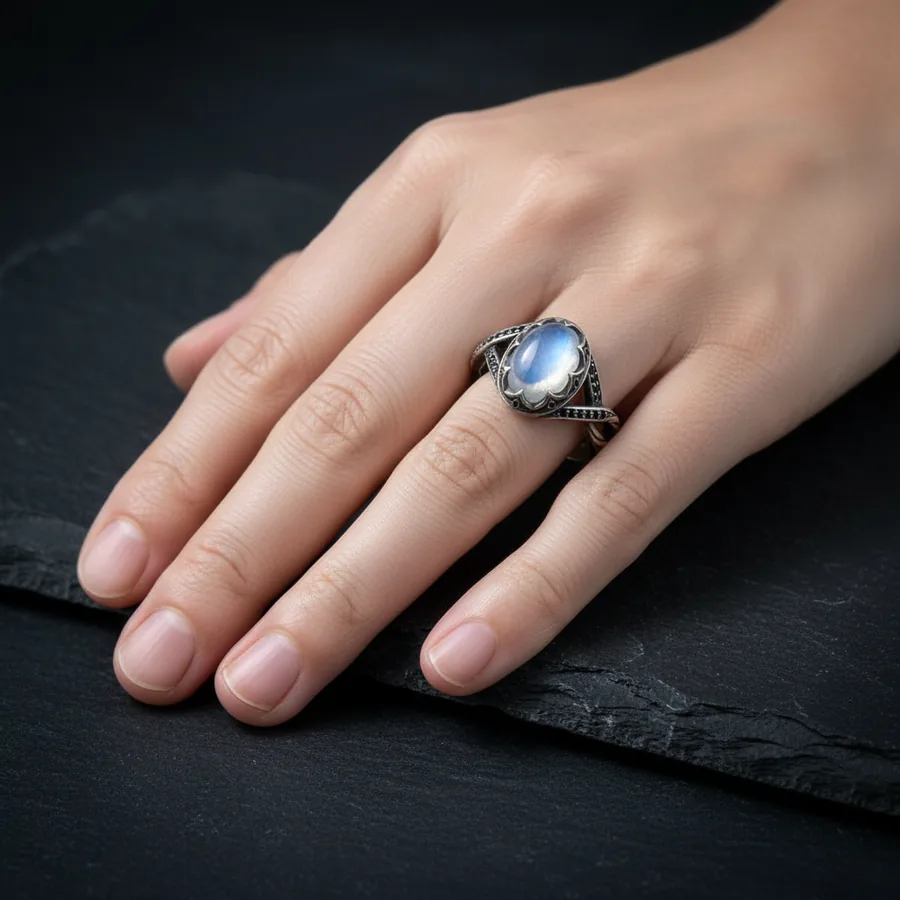 Orison — Gothic Moon Ring, Milky White Cabochon in a Quatrefoil Bezel with Black Pavé, view 2