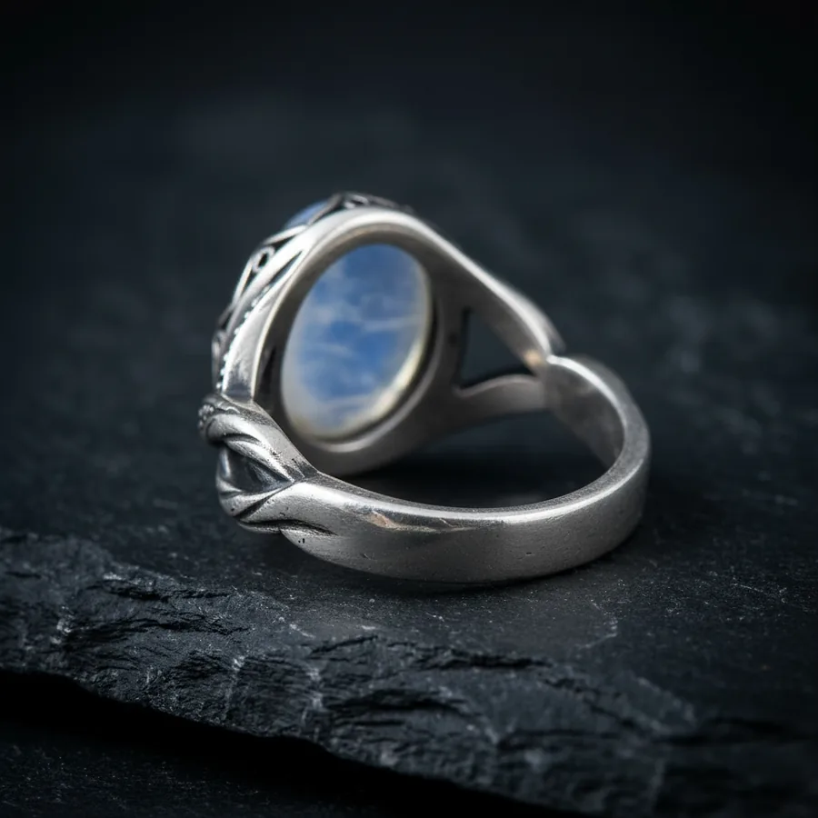 Orison — Gothic Moon Ring, Milky White Cabochon in a Quatrefoil Bezel with Black Pavé, view 3