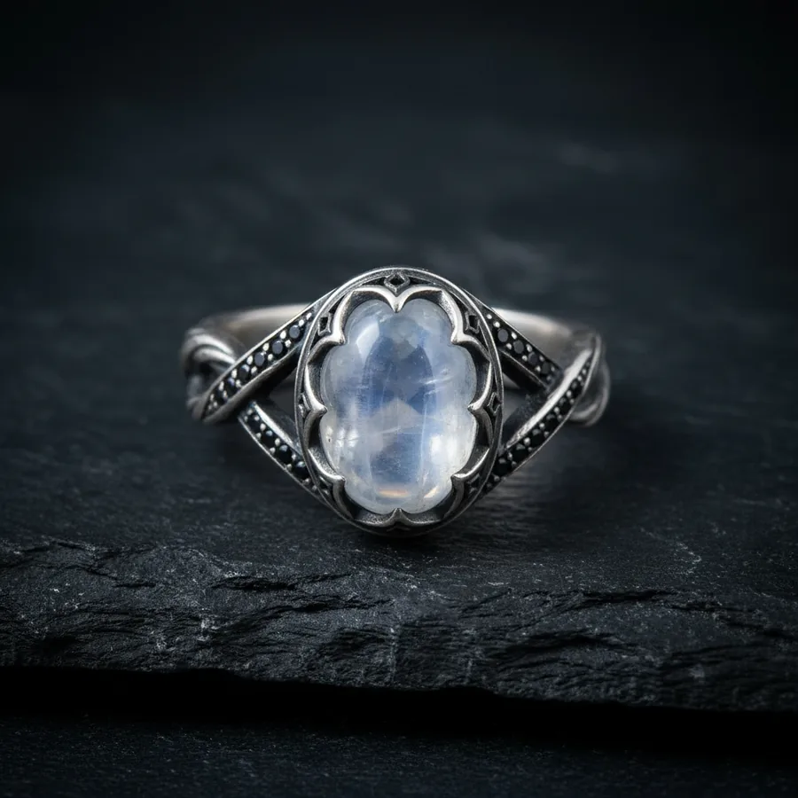 Orison — Gothic Moon Ring, Milky White Cabochon in a Quatrefoil Bezel with Black Pavé, view 4
