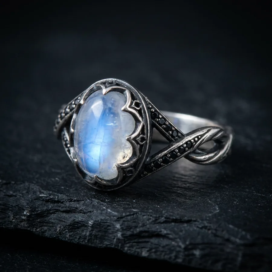 Orison — Gothic Moon Ring, Milky White Cabochon in a Quatrefoil Bezel with Black Pavé, view 1