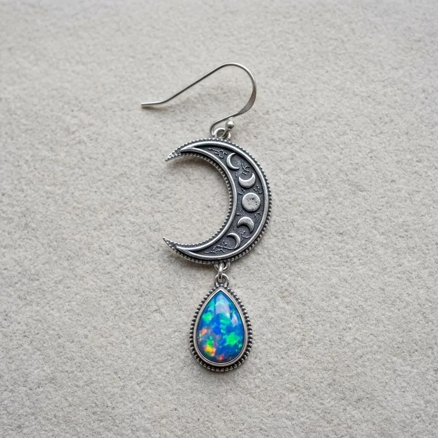 Vesper — Crescent Moon Earrings with Lab-Created Opal in Sterling Silver, view 2