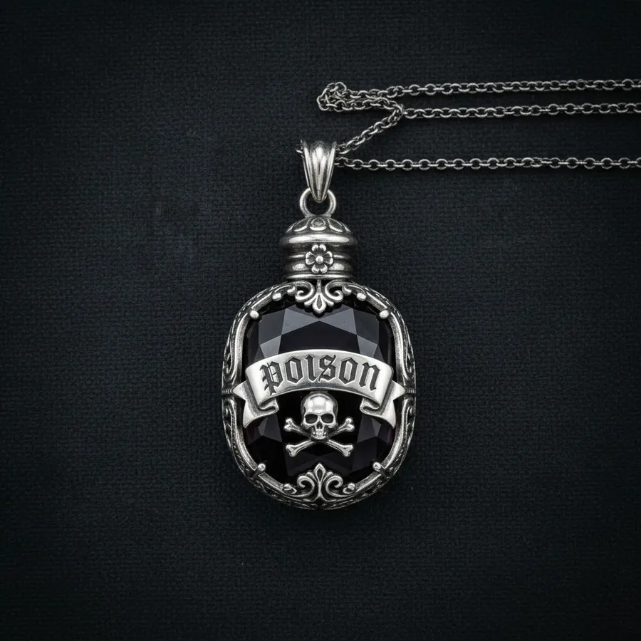 Bane — Poison Bottle Necklace, Skull and Crossbones Pendant with Faceted Lab-Created Purple Stone, view 2