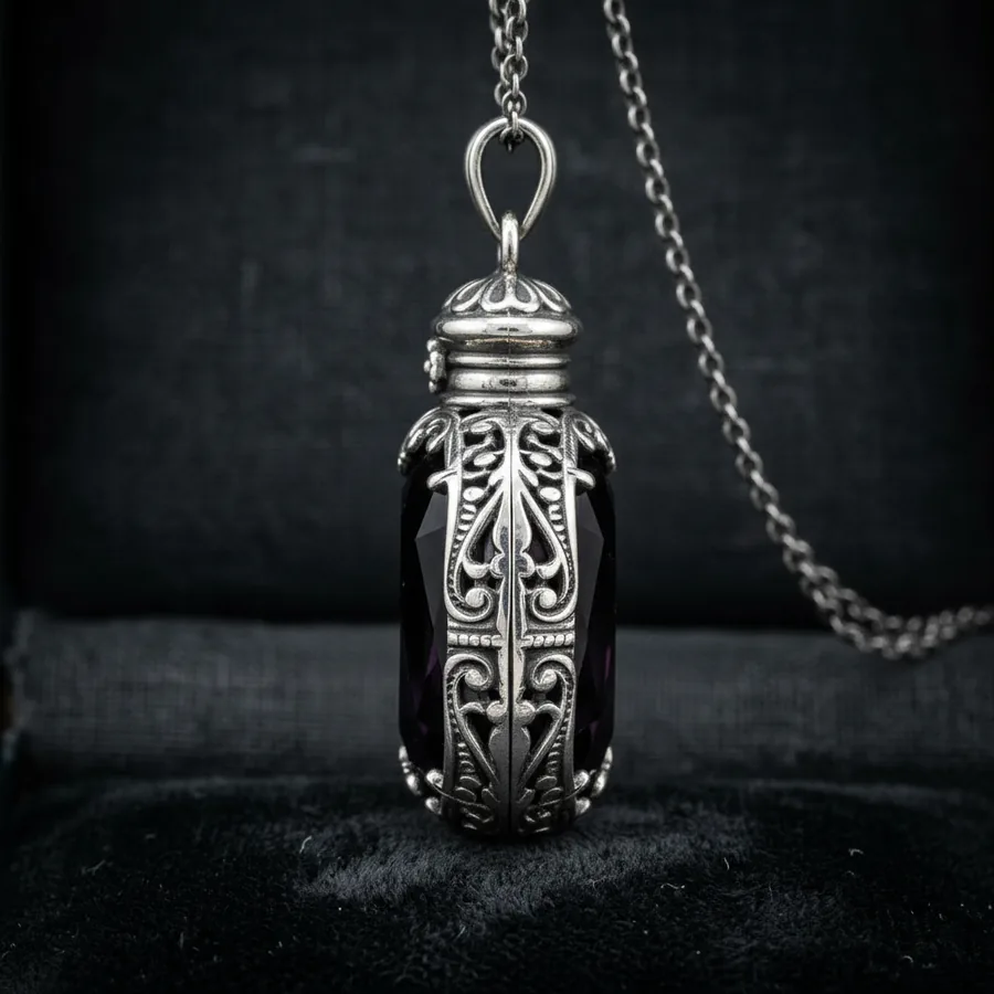 Bane — Poison Bottle Necklace, Skull and Crossbones Pendant with Faceted Lab-Created Purple Stone, view 3