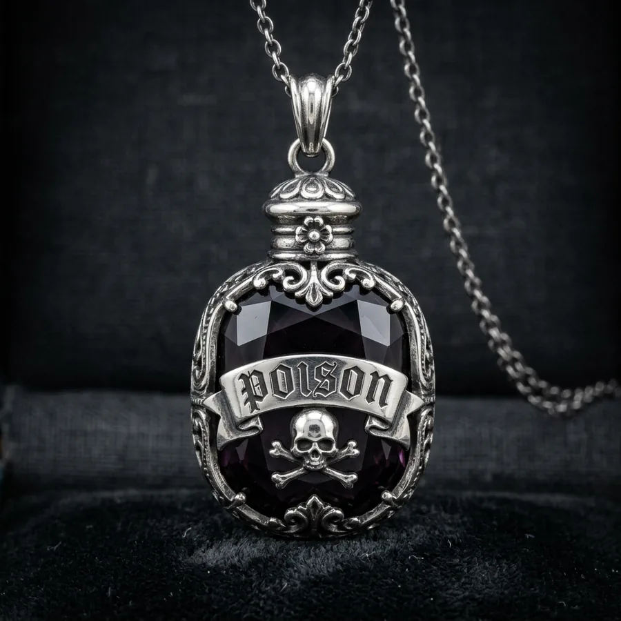 Bane — Poison Bottle Necklace, Skull and Crossbones Pendant with Faceted Lab-Created Purple Stone, view 1