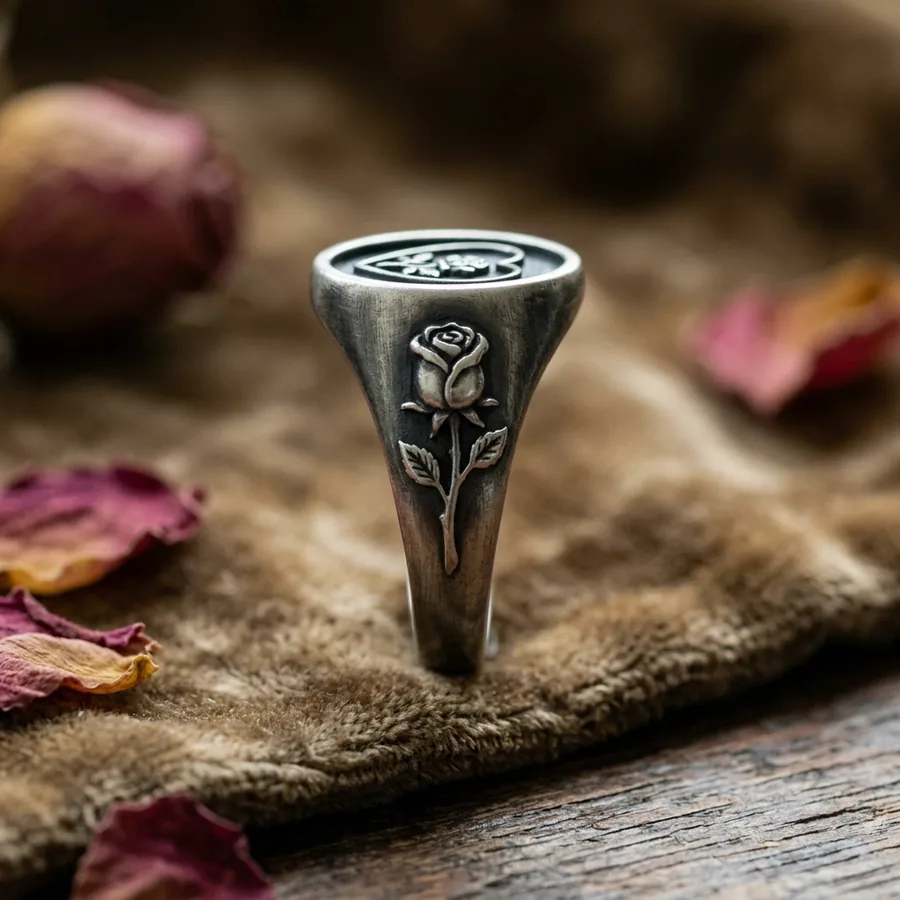 Sub Rosa — Rose Heart Signet Ring in Sterling Silver, view 2