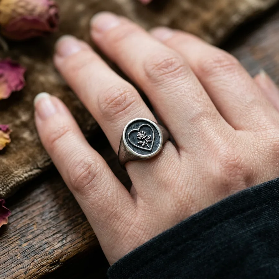 Sub Rosa — Rose Heart Signet Ring in Sterling Silver, view 3