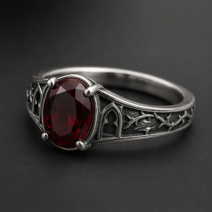 Sanguine — Gothic Garnet Cathedral Ring in Sterling Silver