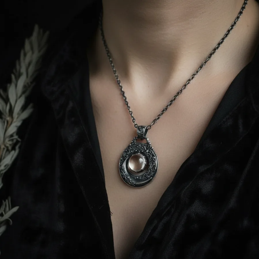 Sibyl — Sterling Silver Scrying Orb Moon Pendant, view 2