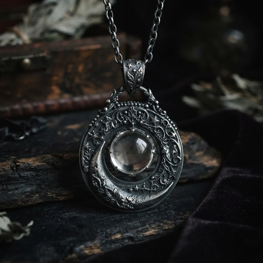 Sibyl — Sterling Silver Scrying Orb Moon Pendant, view 3