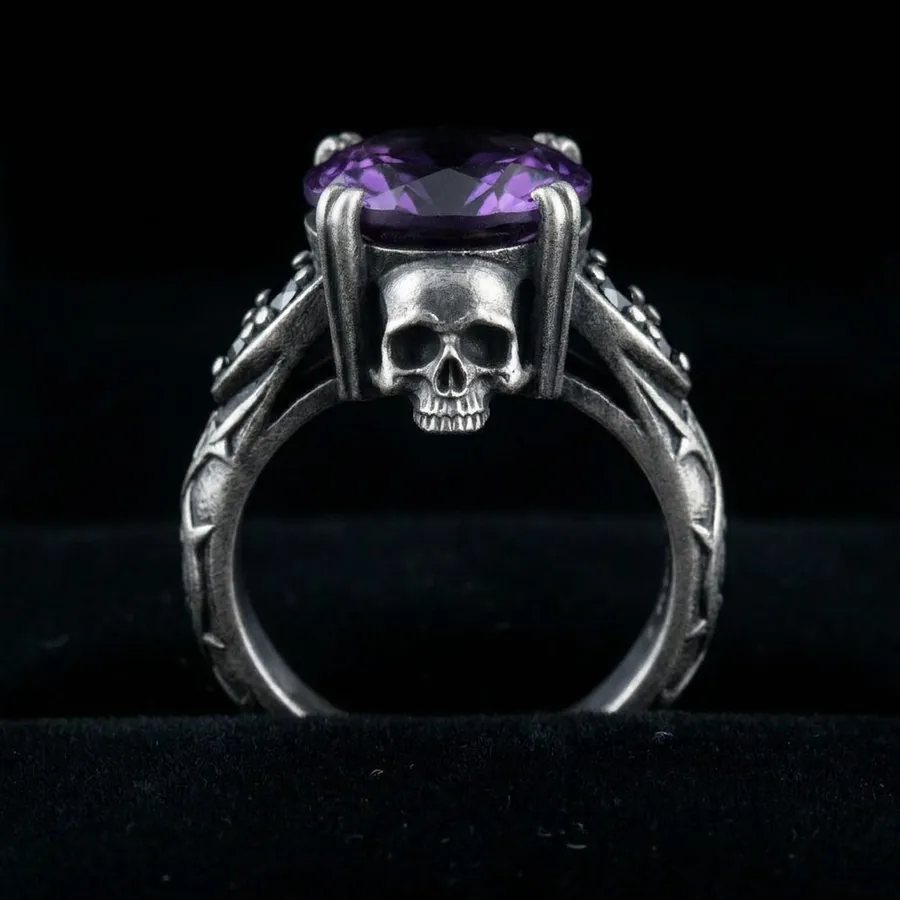 Sovereign — Lab-Created Purple Stone Skull Ring in Sterling Silver, view 2