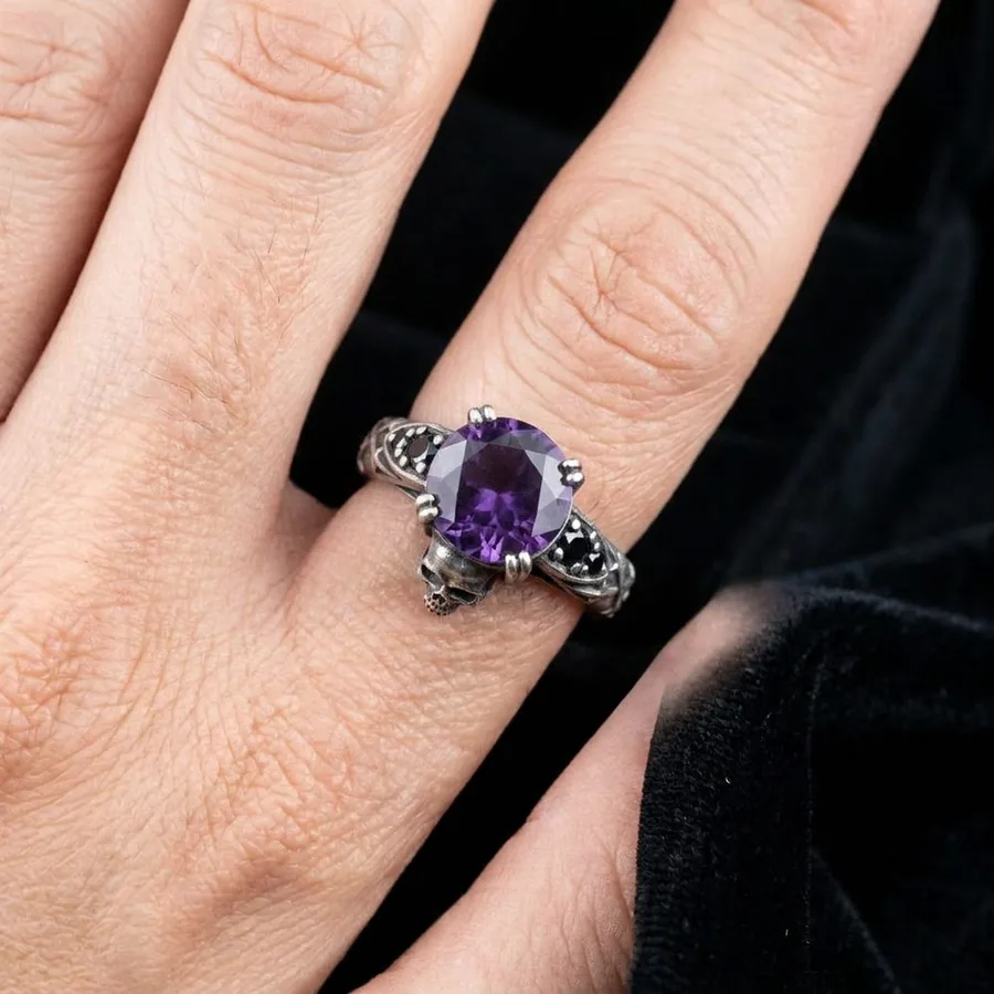 Sovereign — Lab-Created Purple Stone Skull Ring in Sterling Silver, view 3