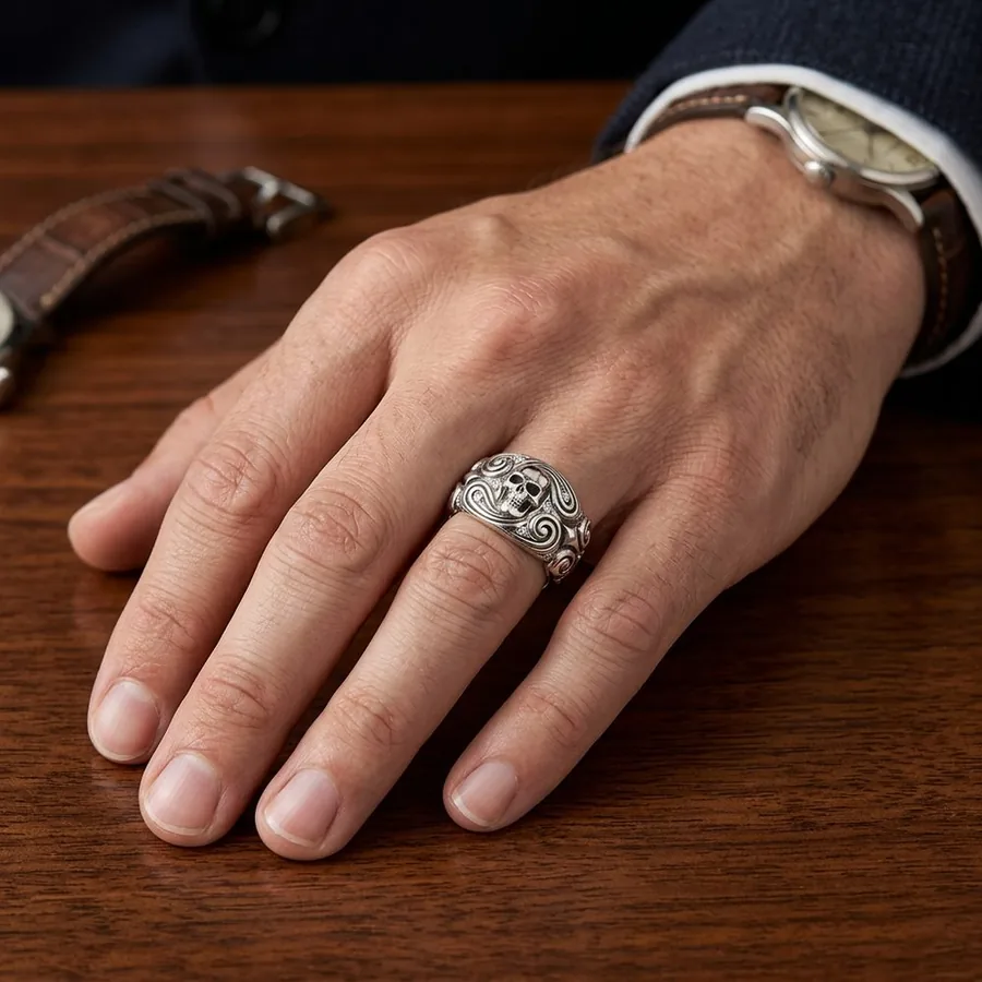 Undertow — Wide Sterling Silver Skull Band, view 3