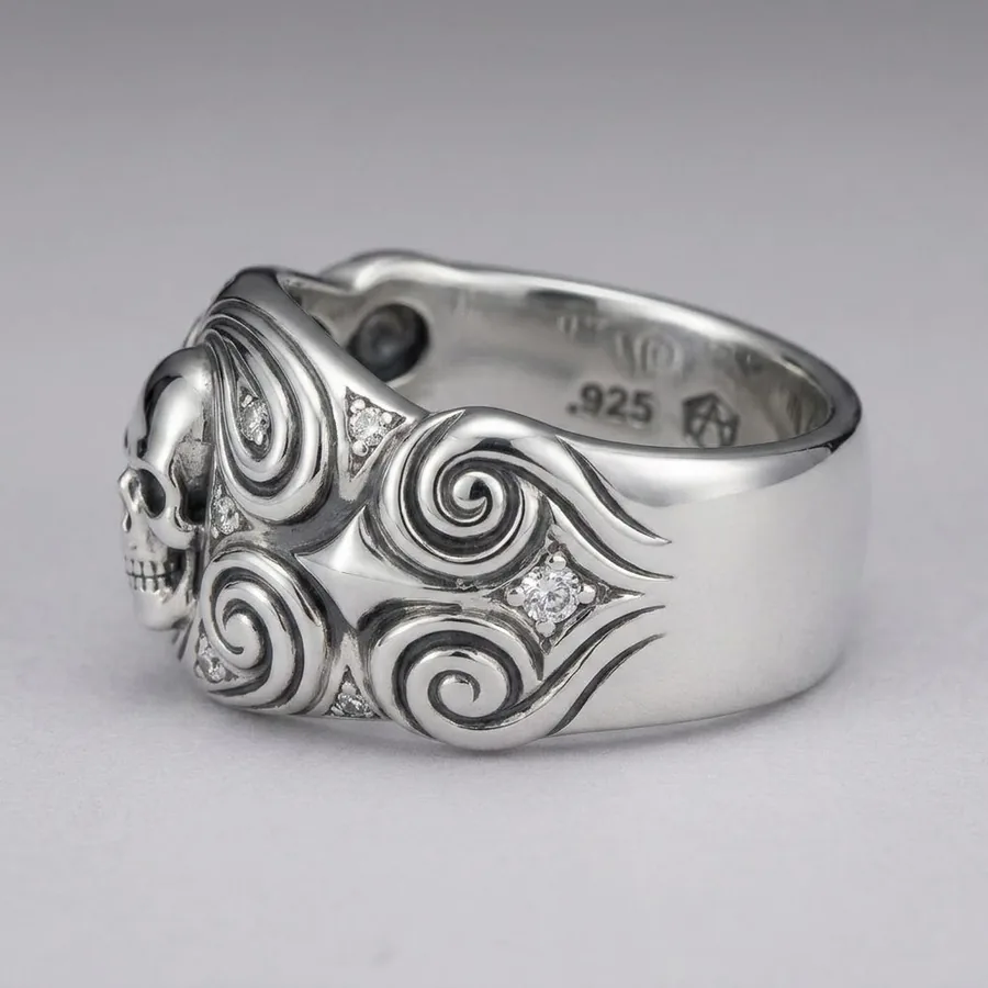 Undertow — Wide Sterling Silver Skull Band, view 2